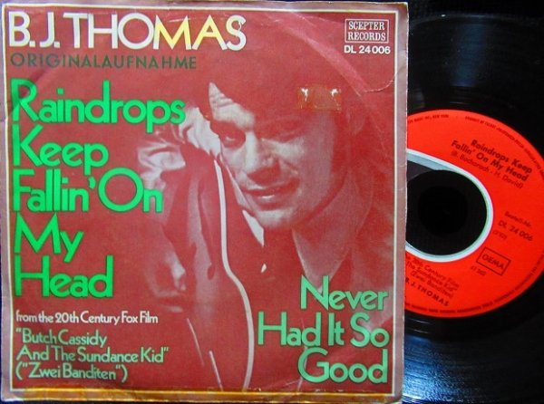 画像1: 希少ドイツ原盤★B.J.THOMAS-『雨に濡れても/Raindrops Keep Fallin' On My Head』 (1)